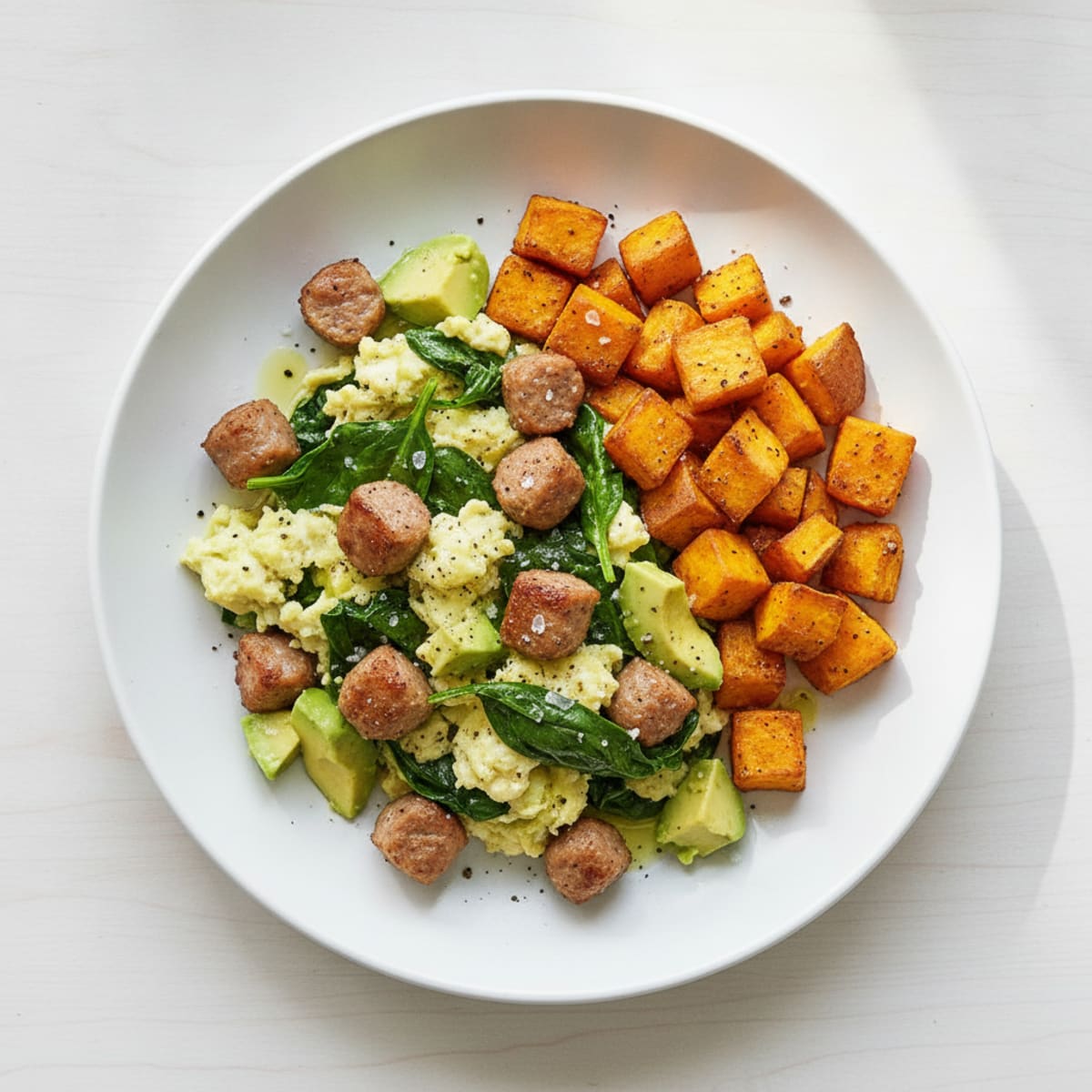 Egg White and Turkey Sausage Scramble with Spinach and Roasted Sweet Potato