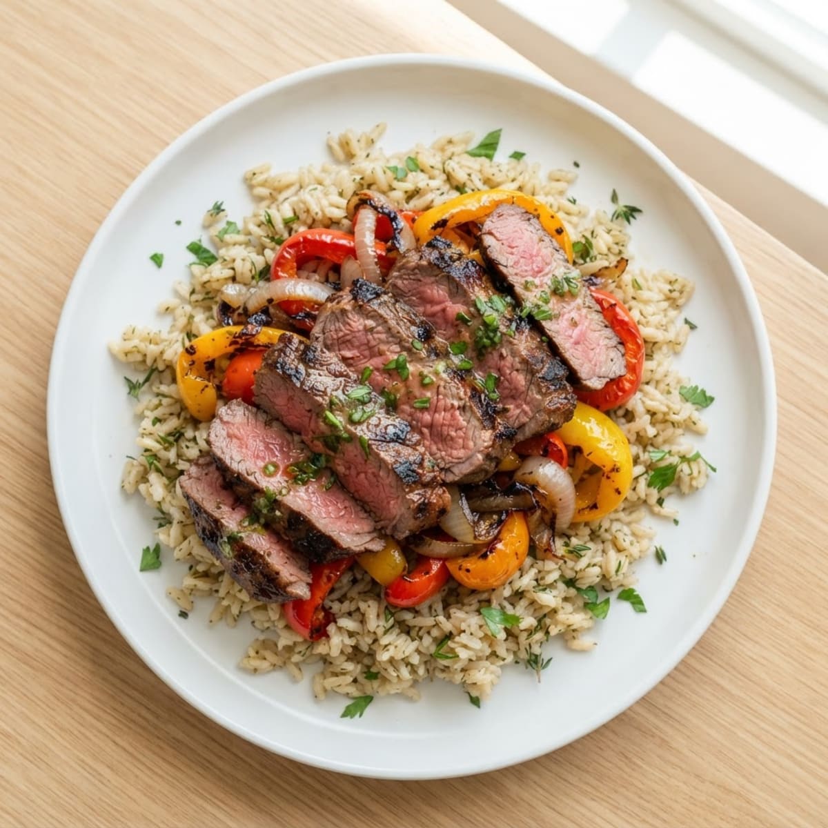 Seared Lean Beef with Roasted Bell Peppers and Herbed Brown Rice