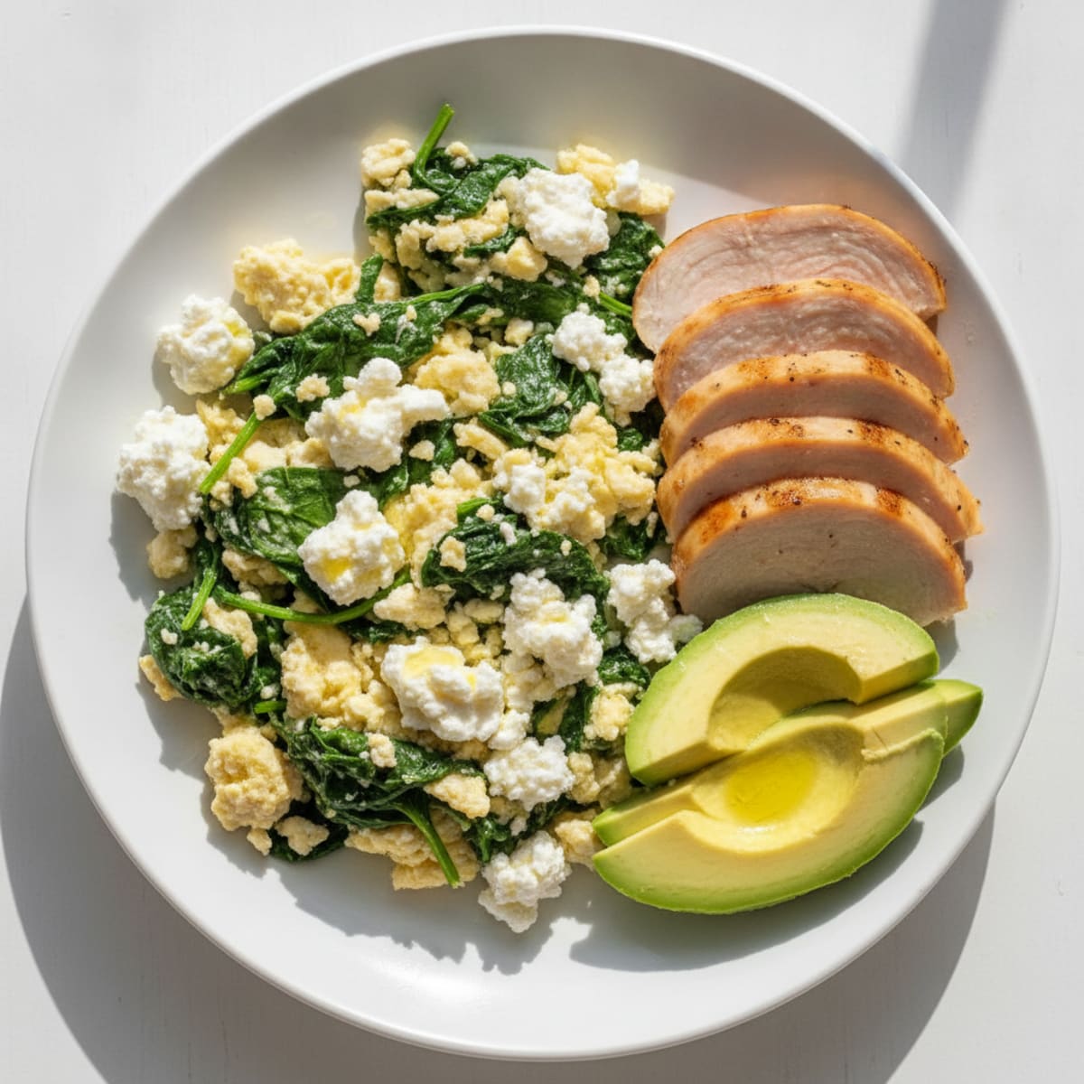 Egg White and Spinach Scramble with Cottage Cheese and Sliced Turkey