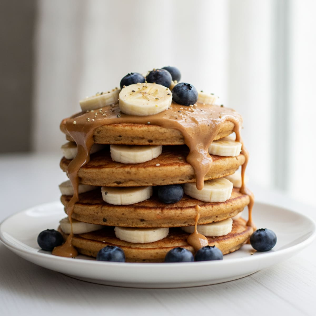 Flapjack Stack with Peanut Butter Banana and Blueberries