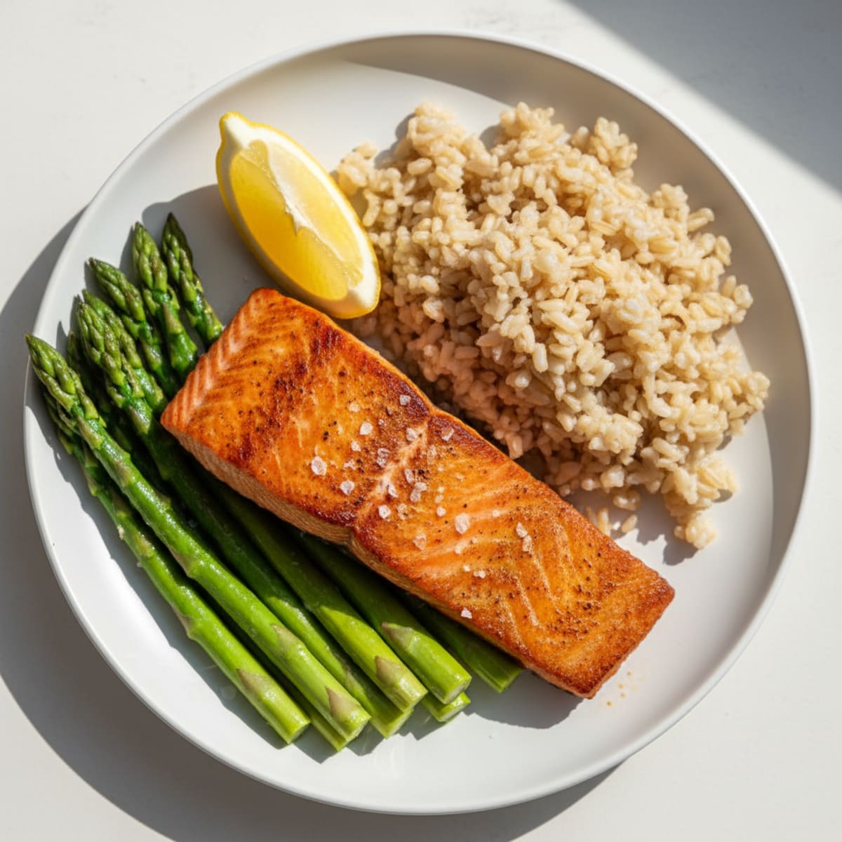 Seared Salmon with Steamed Asparagus and Brown Rice