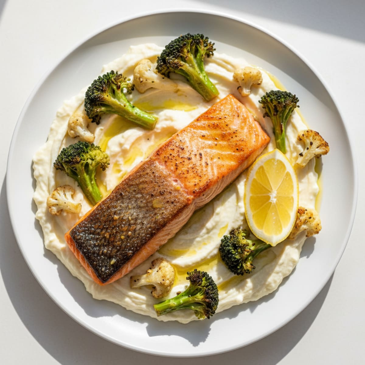 Seared Salmon Fillet with Roasted Broccoli and Cauliflower Mash