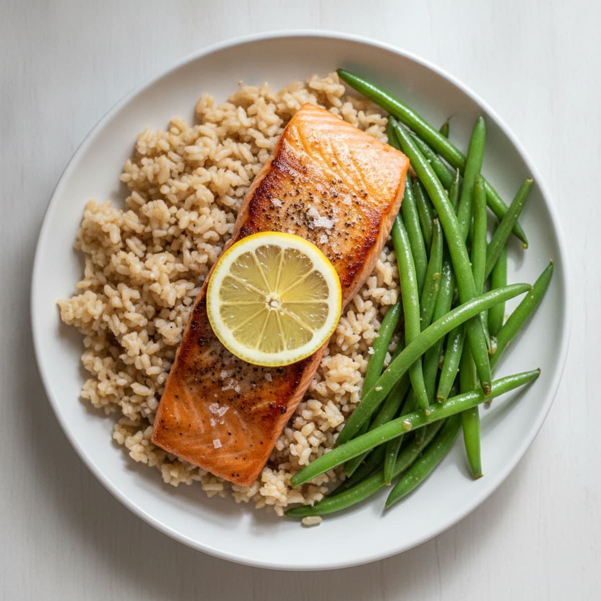 Seared Salmon with Steamed Green Beans and Brown Rice