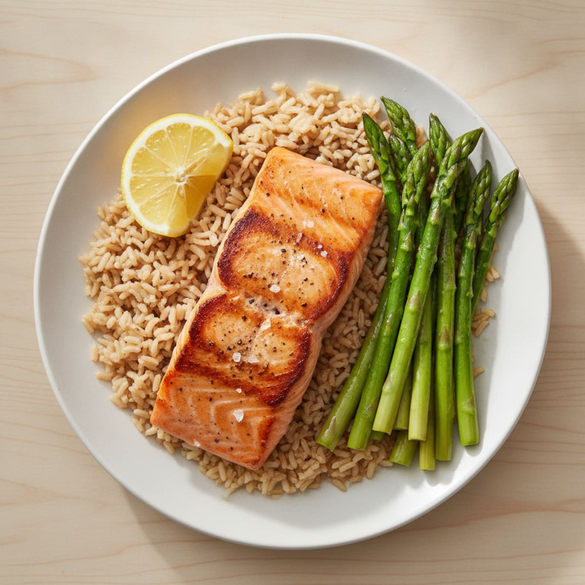 Seared Salmon with Steamed Asparagus and Brown Rice