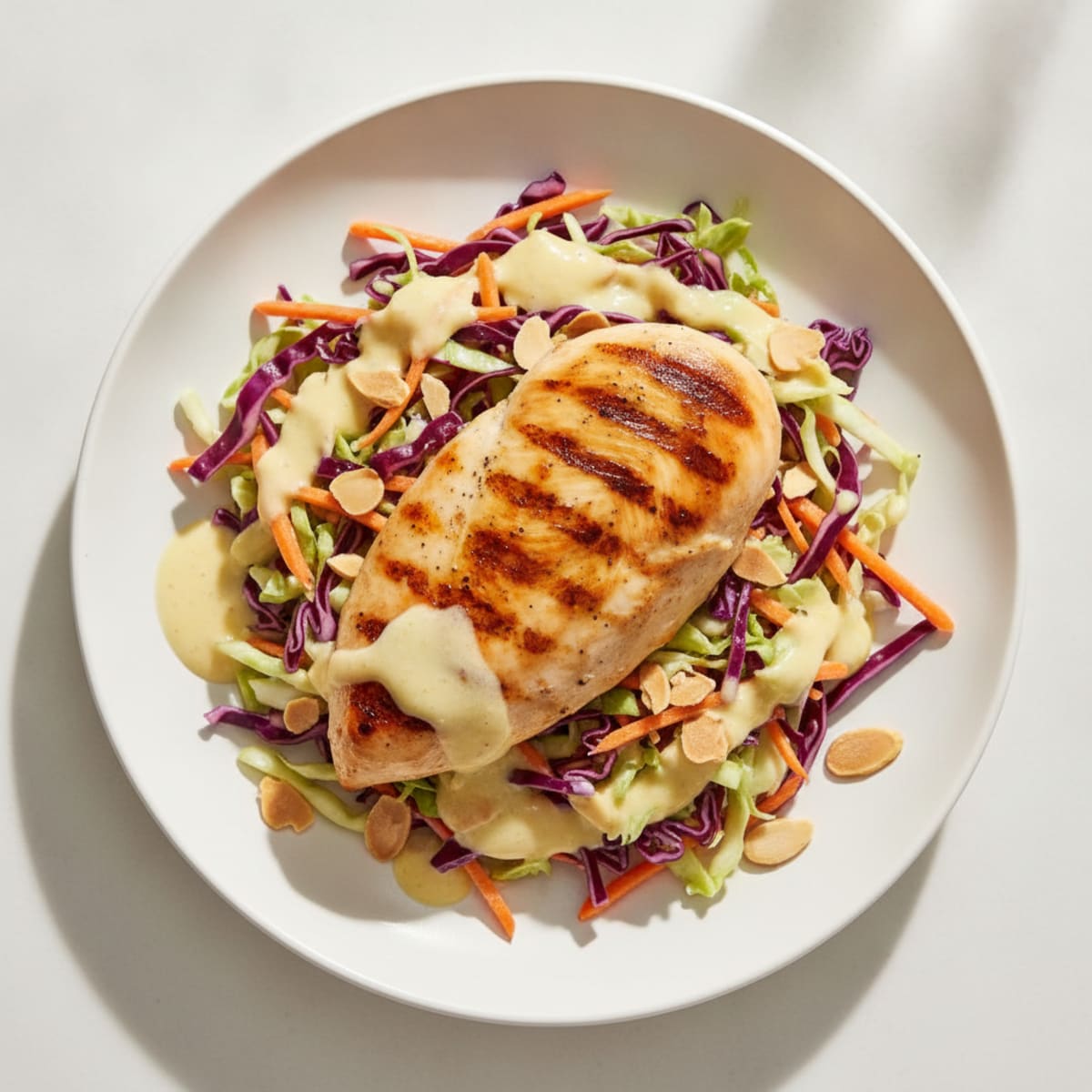 Grilled Chicken Breast with Crunchy Cabbage Slaw and Lemon Yogurt Dressing