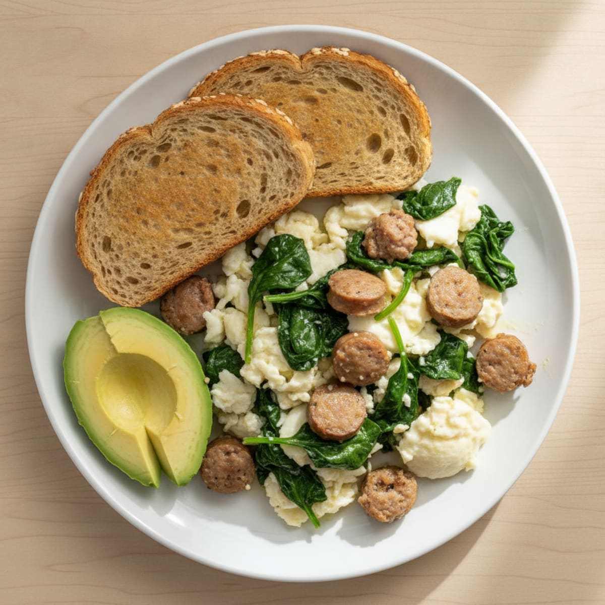 Egg White Scramble with Turkey Sausage and Sautéed Spinach