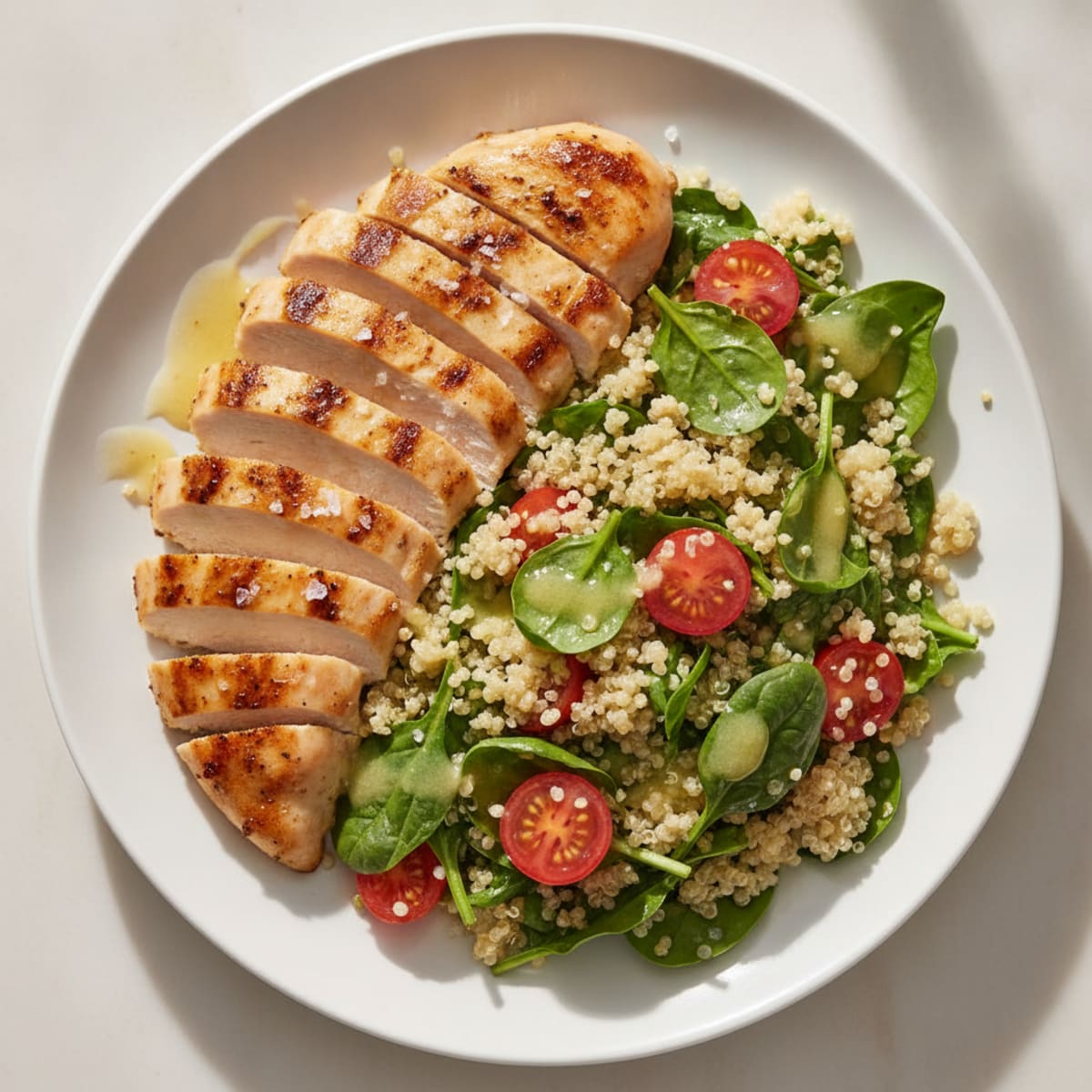 Grilled Chicken and Quinoa Salad with Spinach and Cherry Tomatoes