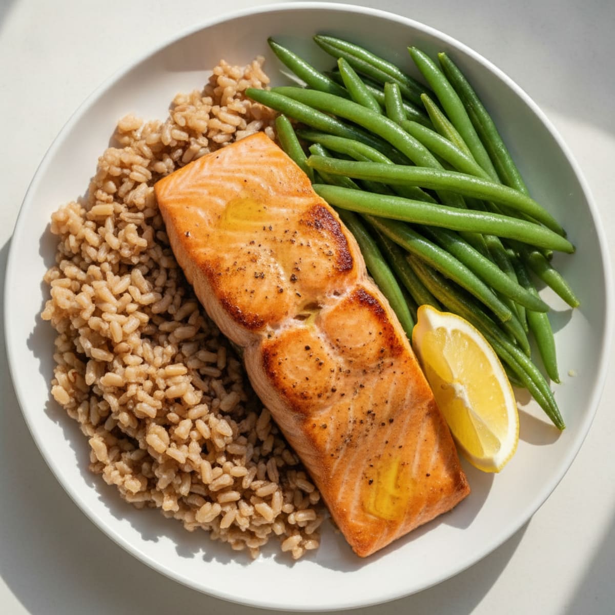 Seared Salmon with Steamed Green Beans and Brown Rice