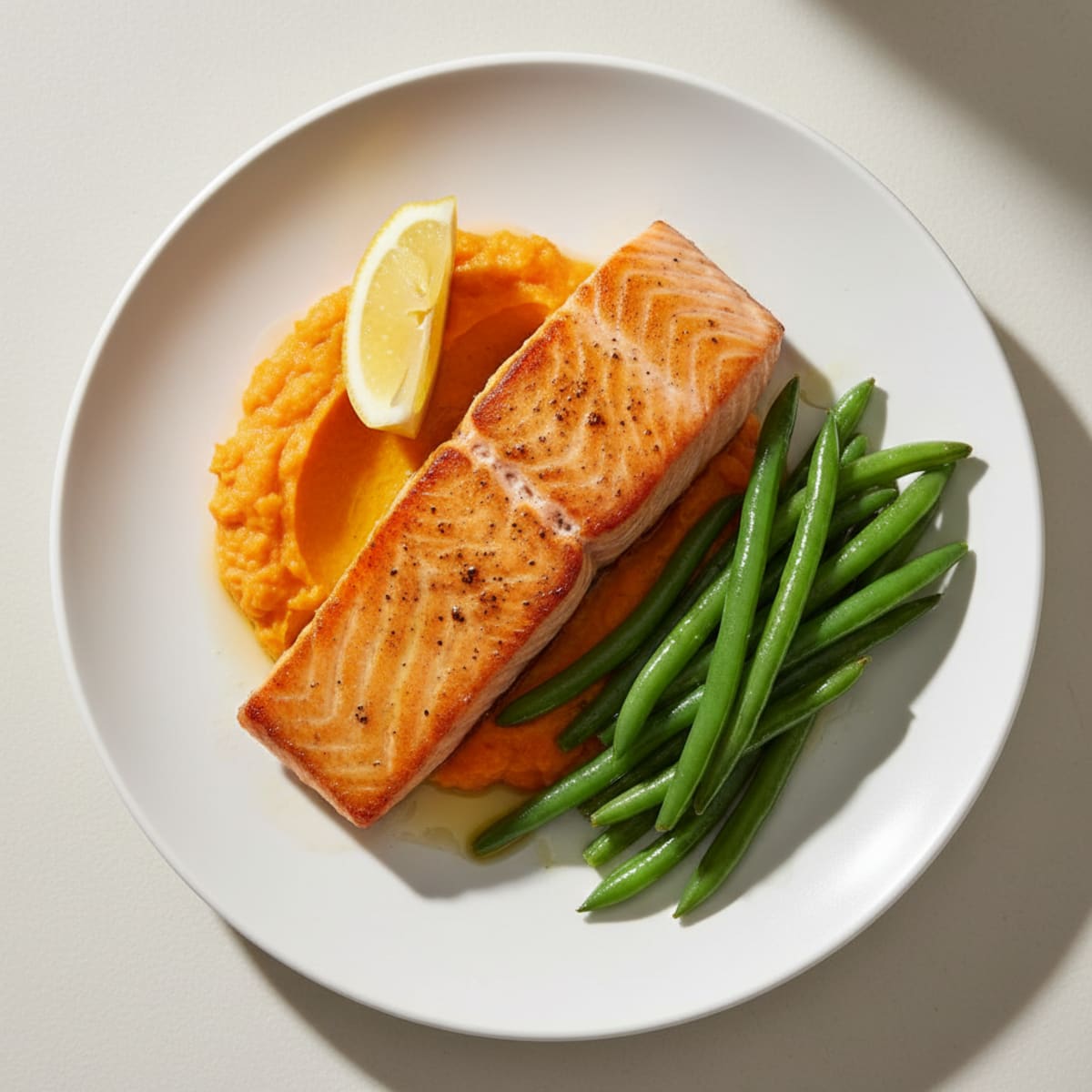 Seared Salmon with Steamed Green Beans and Sweet Potato Mash