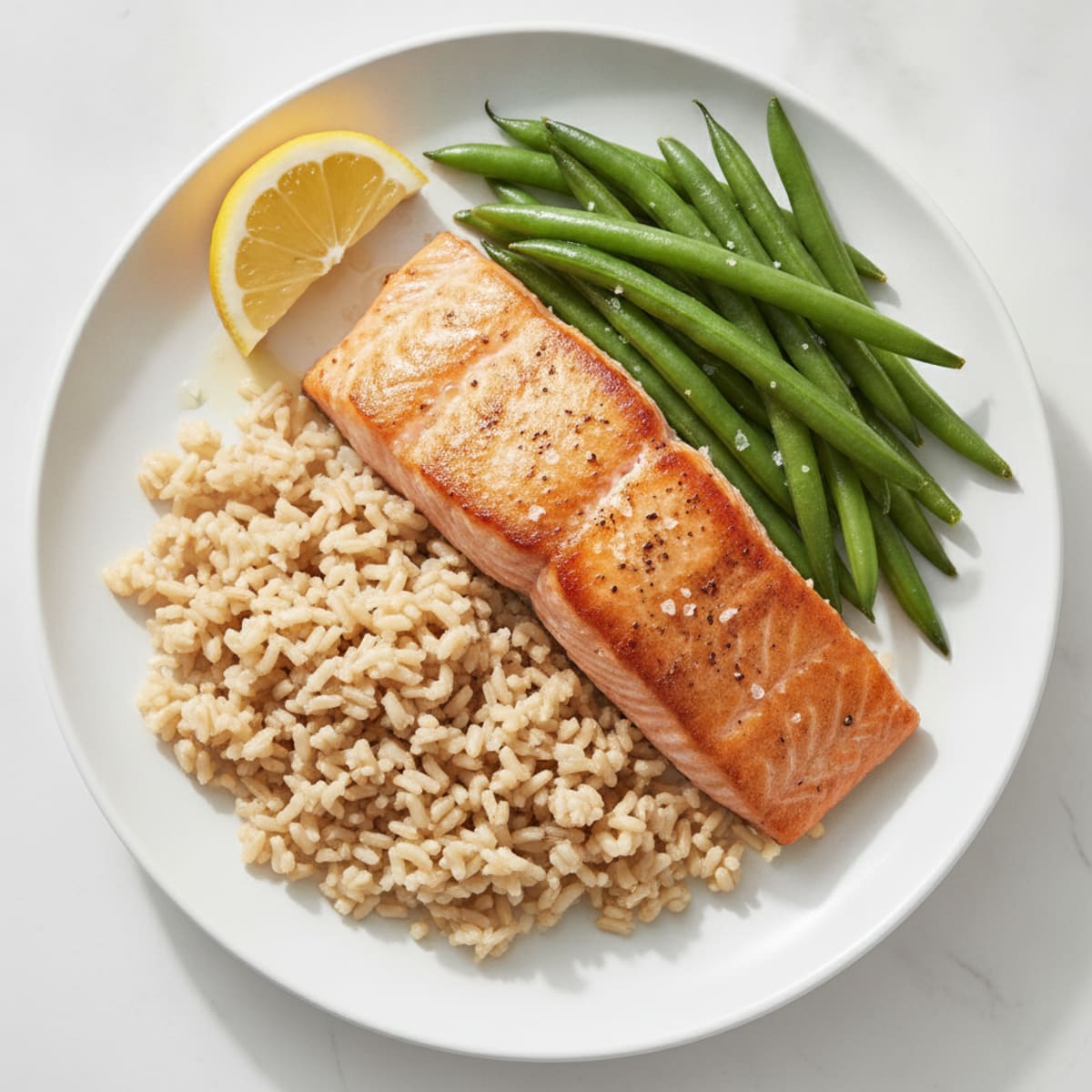 Seared Salmon Fillet with Steamed Green Beans and Brown Rice