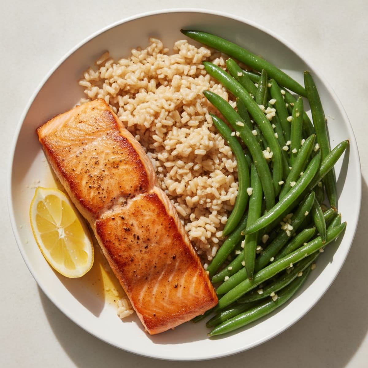 Seared Salmon with Garlic Green Beans and Brown Rice