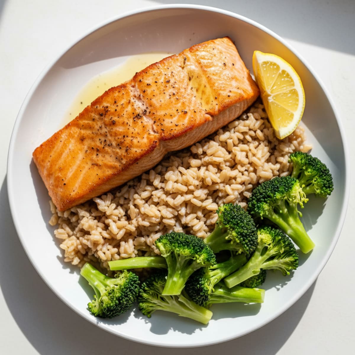 Seared Salmon with Steamed Broccoli and Brown Rice