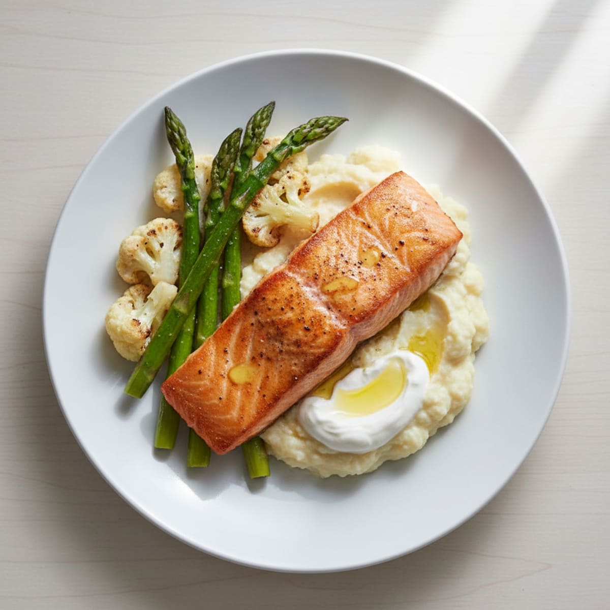 Seared Salmon Fillet with Roasted Asparagus and Cauliflower Mash