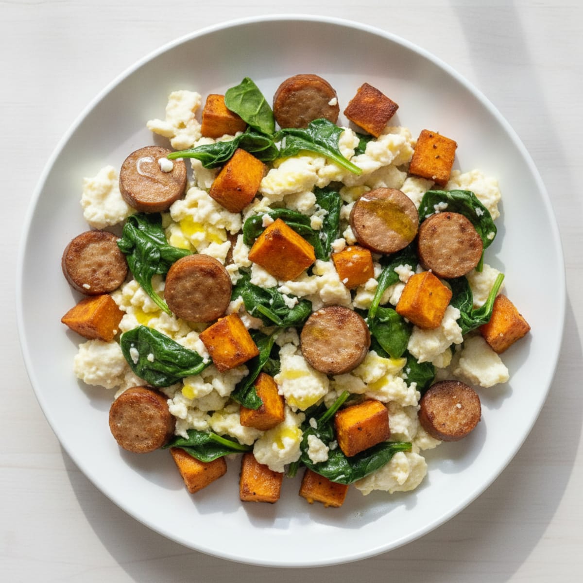 Egg White and Turkey Sausage Scramble with Sautéed Spinach