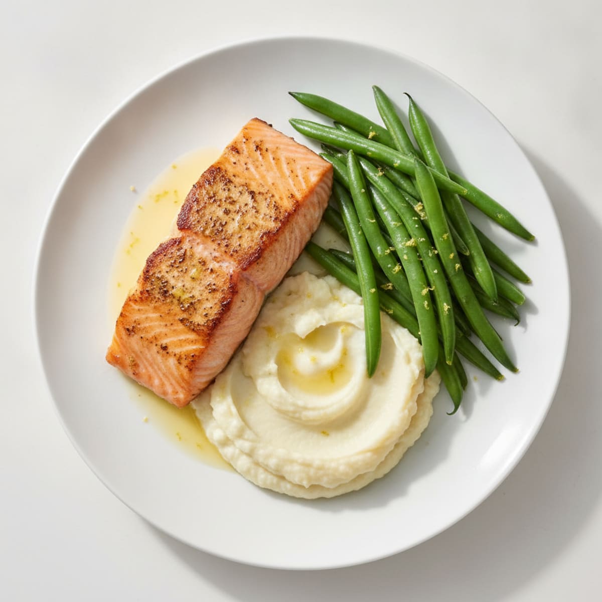 Seared Salmon with Steamed Green Beans and Mashed Cauliflower