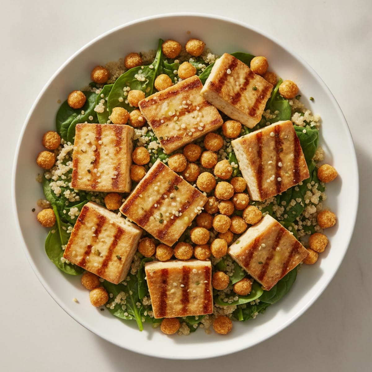Grilled Tofu and Quinoa Power Bowl with Roasted Chickpeas