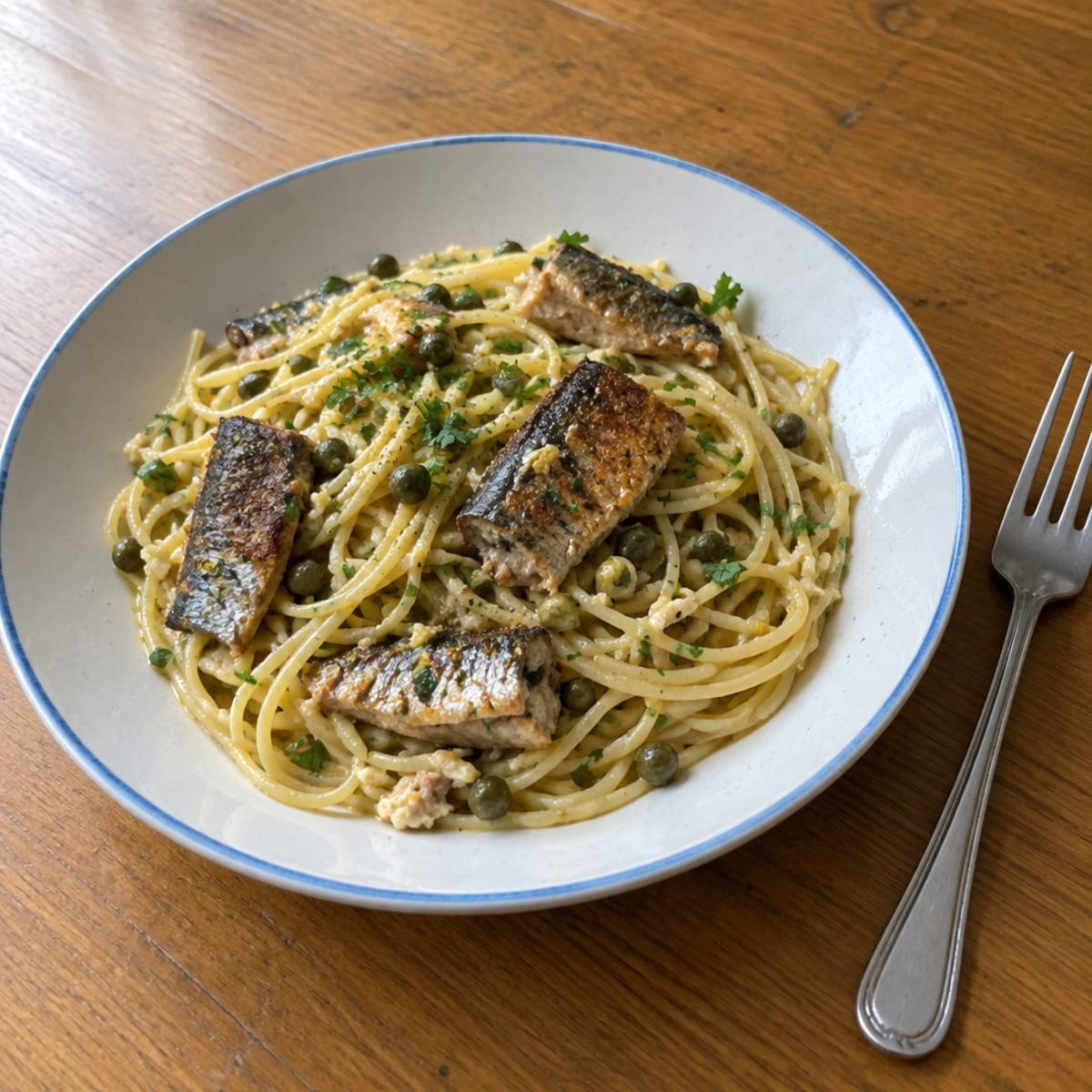 Sardine pasta with capers and lemon