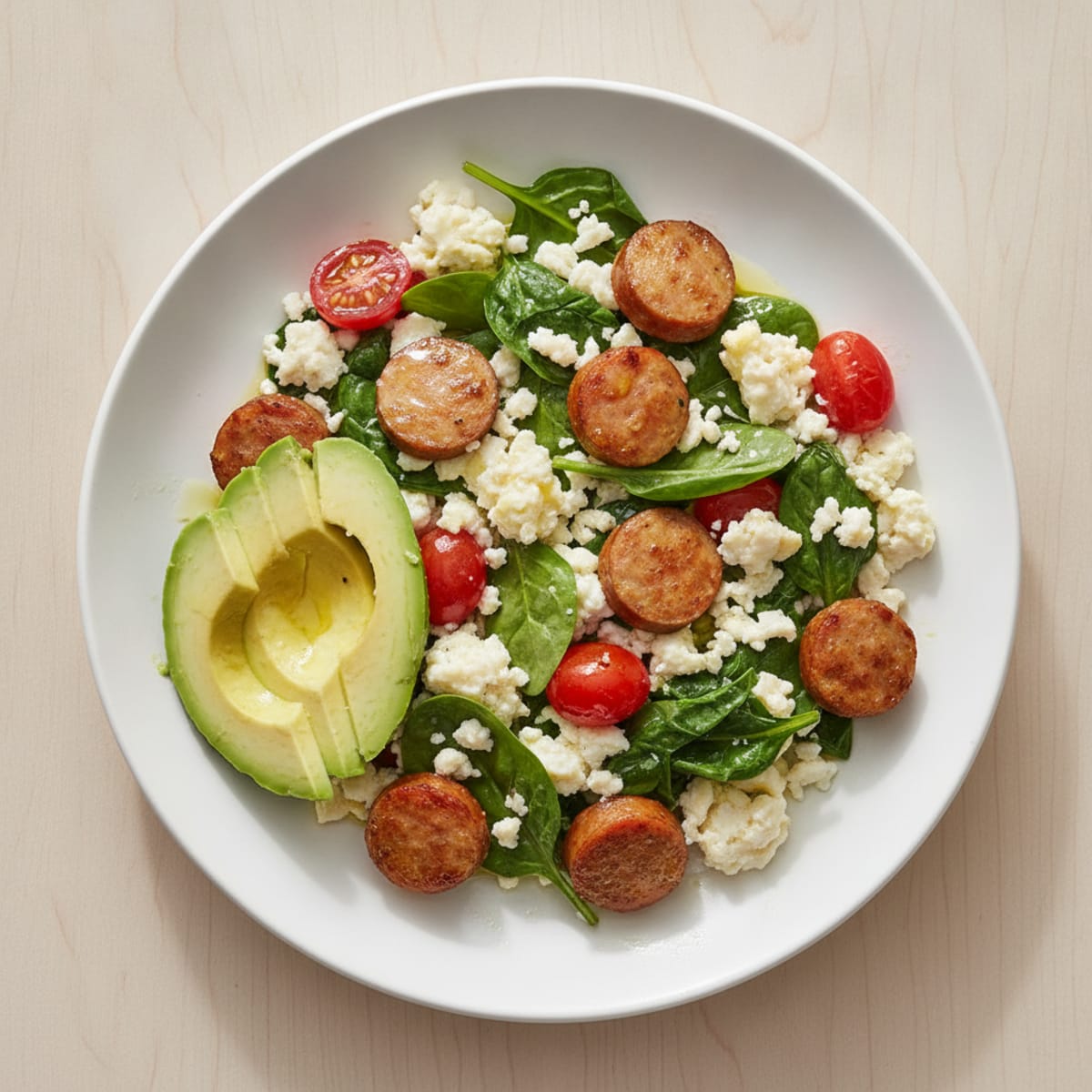Egg White and Turkey Sausage Scramble with Spinach and Tomatoes