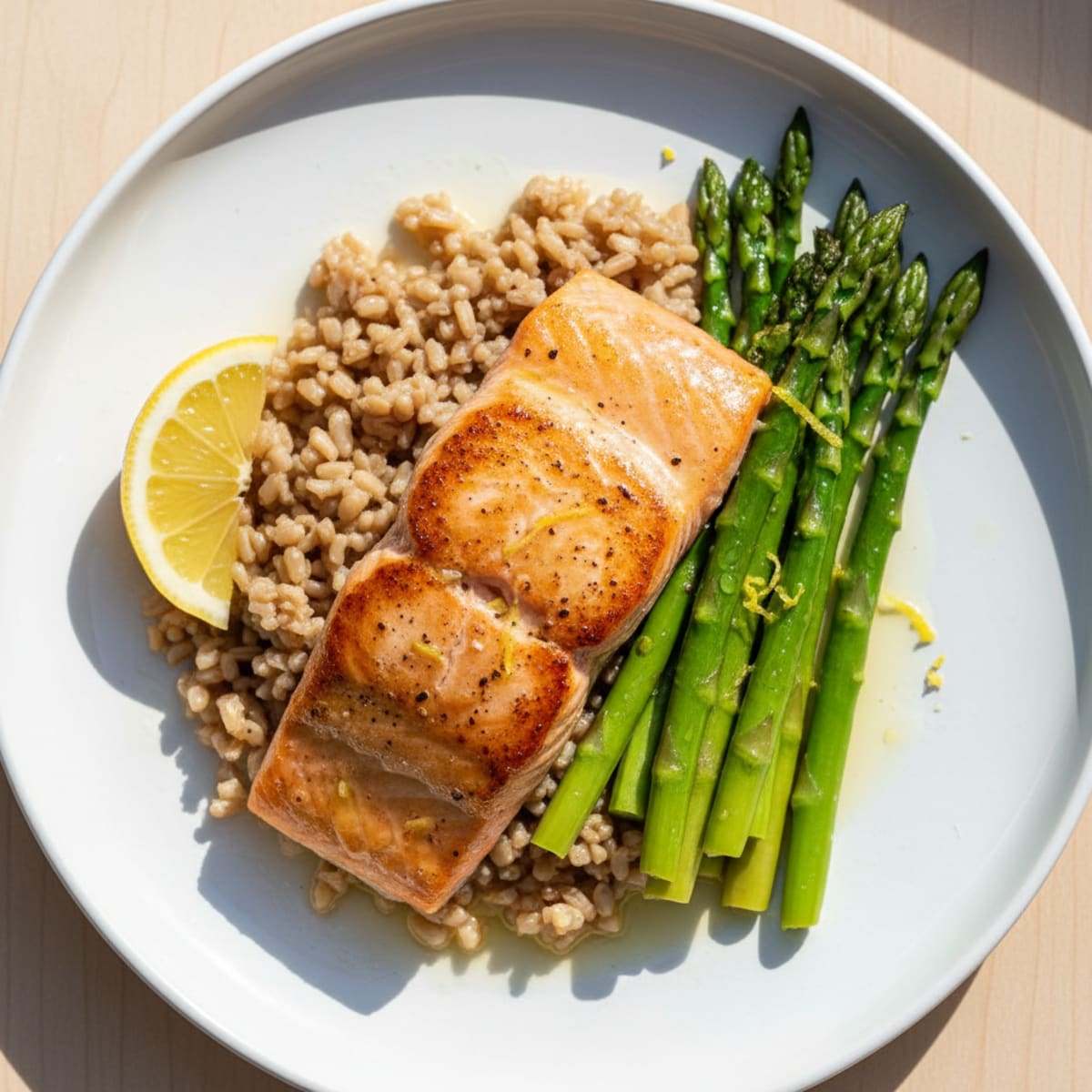 Seared Salmon with Steamed Asparagus and Brown Rice