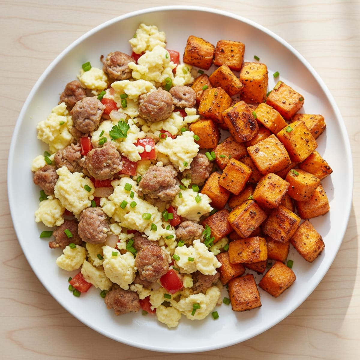 Crispy Turkey Sausage and Egg White Scramble with Roasted Sweet Potatoes