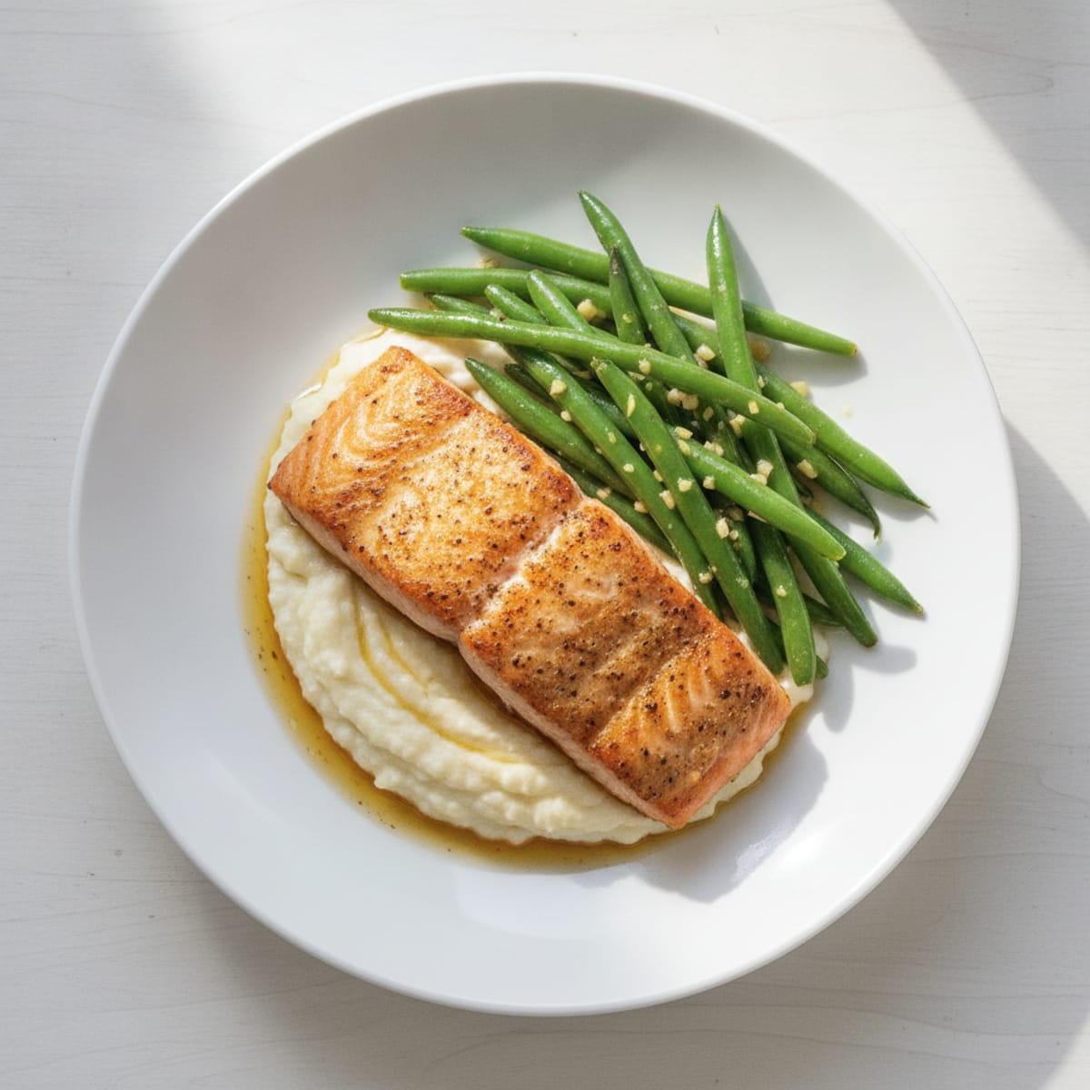 Seared Salmon Fillet with Garlic Green Beans and Cauliflower Mash