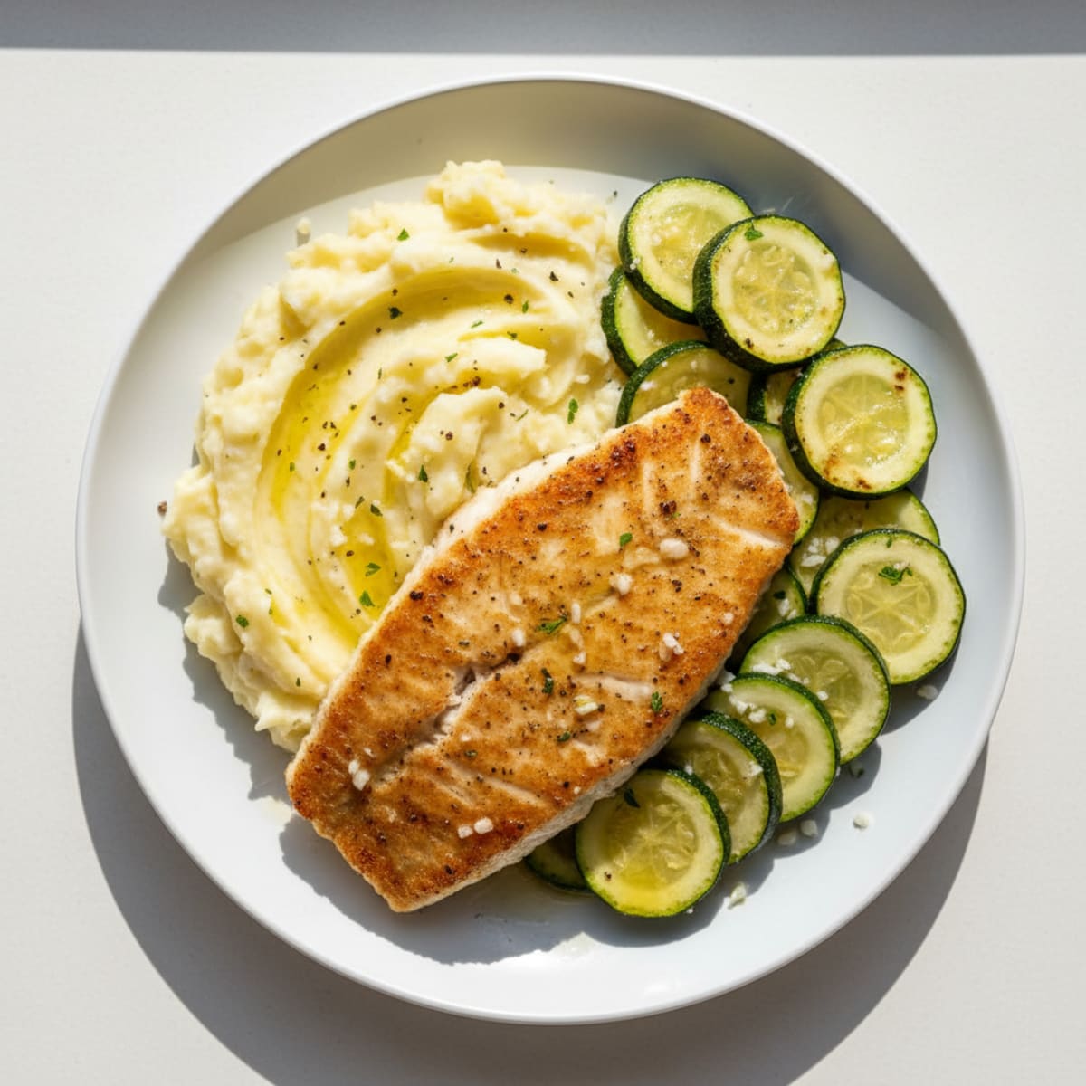 Pan-Seared Tilapia with Garlic Zucchini and Mashed Potatoes