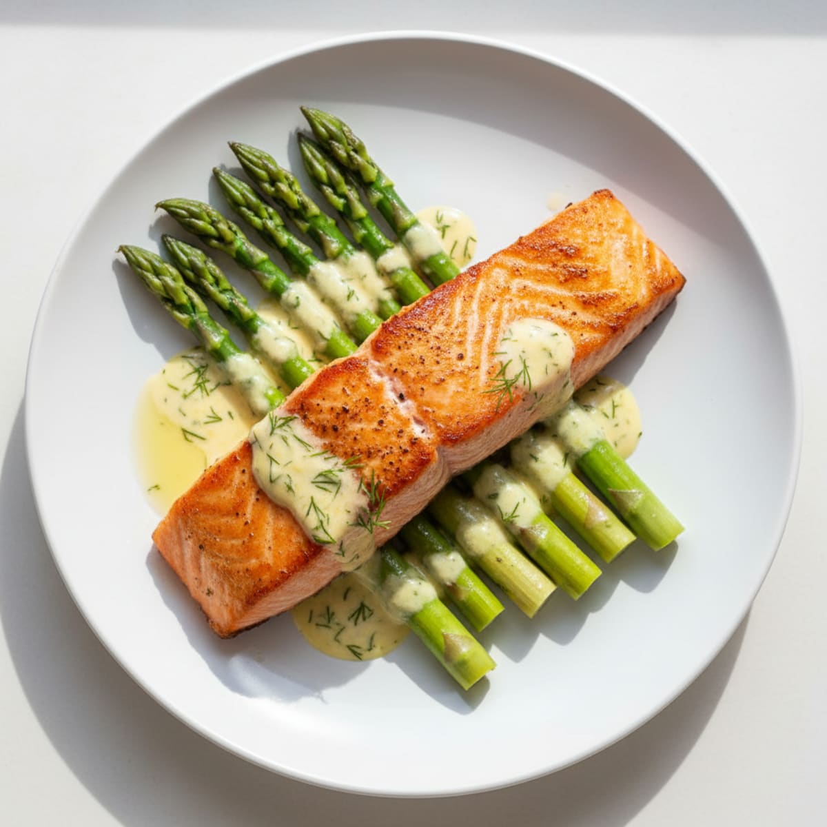 Seared Salmon with Steamed Asparagus and Lemon-Dill Yogurt Sauce