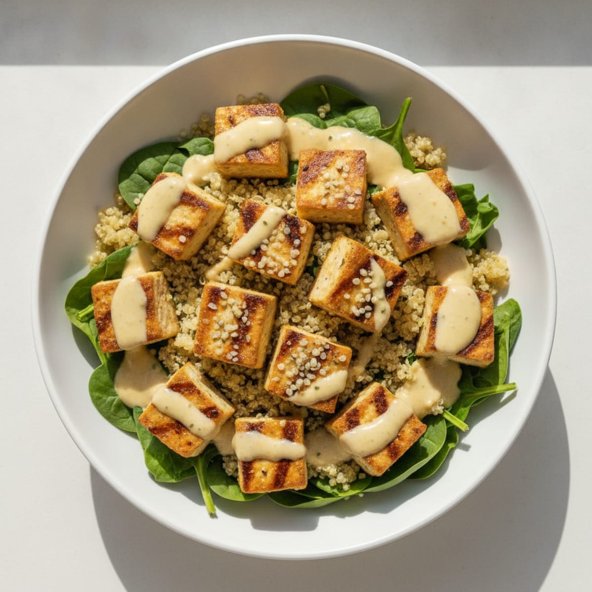 Grilled Tofu and Quinoa Power Bowl with Lemon-Tahini Dressing