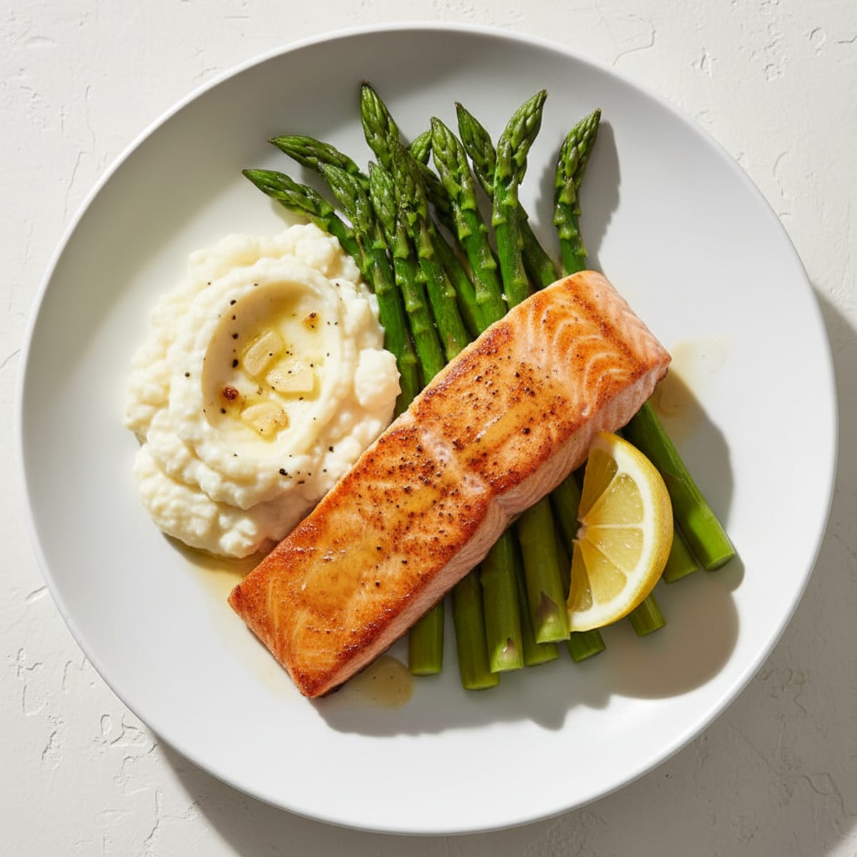 Seared Salmon with Steamed Asparagus and Garlic Mashed Cauliflower