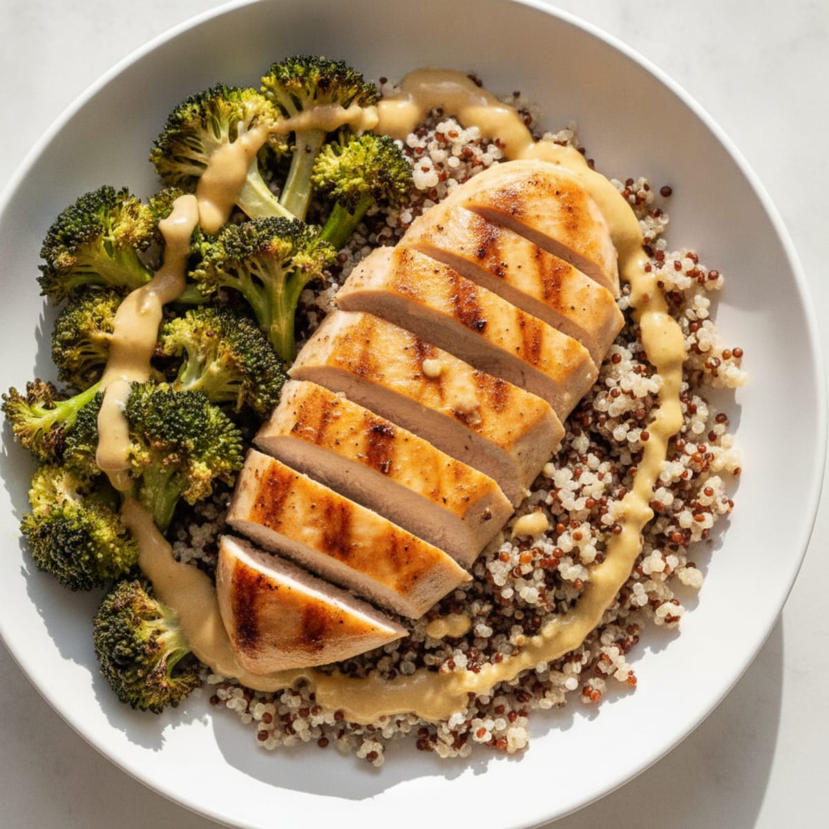 Grilled Chicken Breast with Quinoa, Roasted Broccoli and Lemon Tahini Drizzle