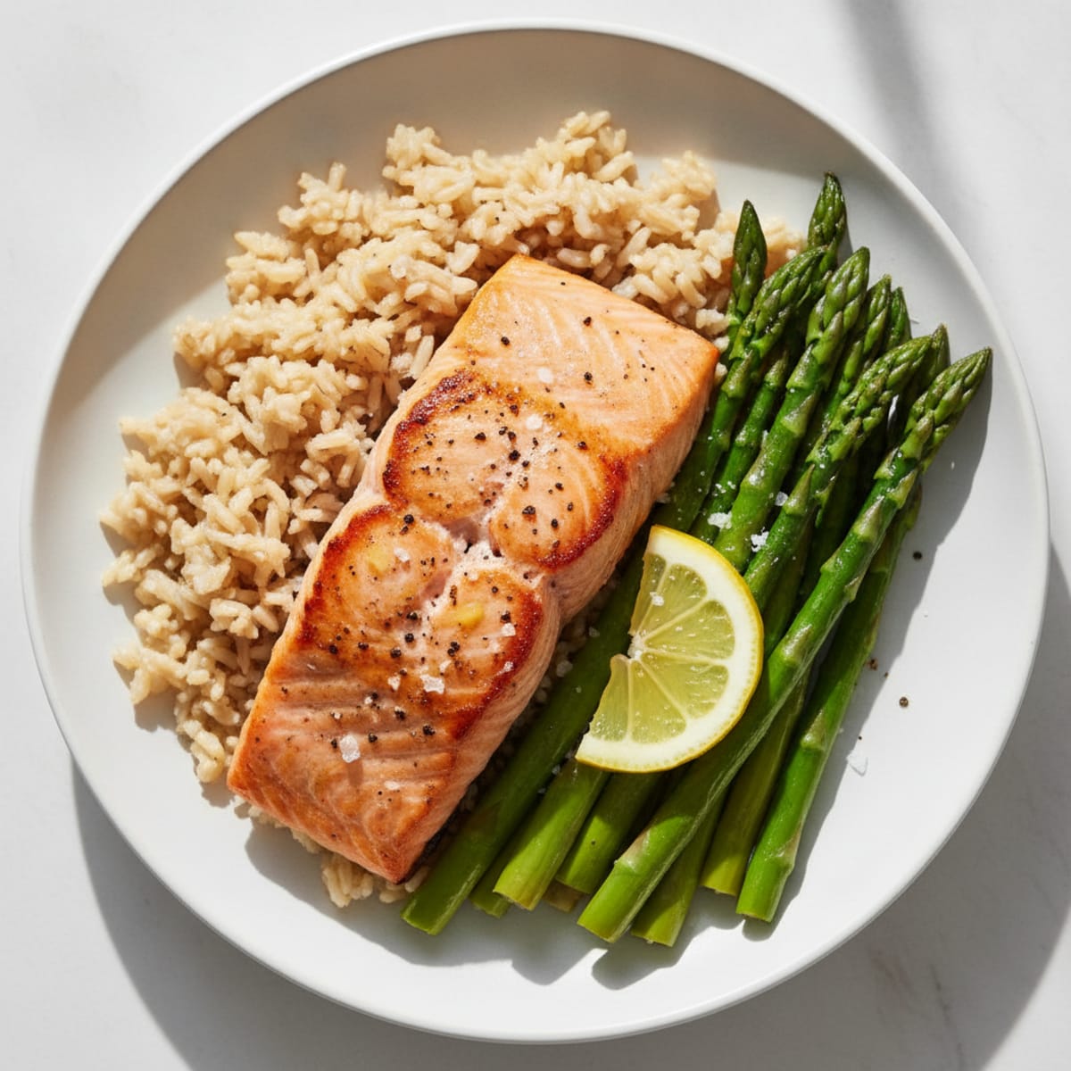 Grilled Salmon with Steamed Asparagus and Brown Rice