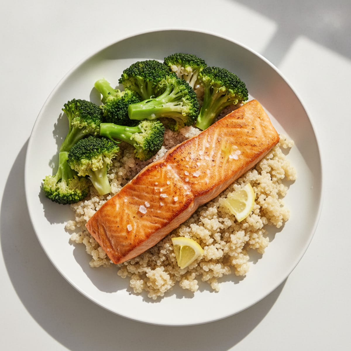 Seared Salmon with Steamed Broccoli and Quinoa
