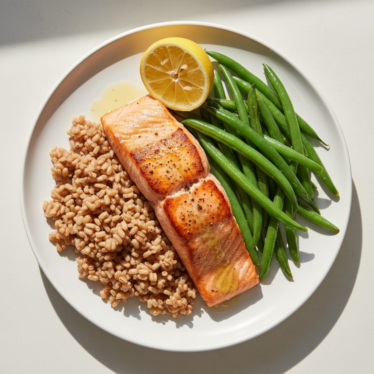 Seared Salmon with Steamed Green Beans and Brown Rice