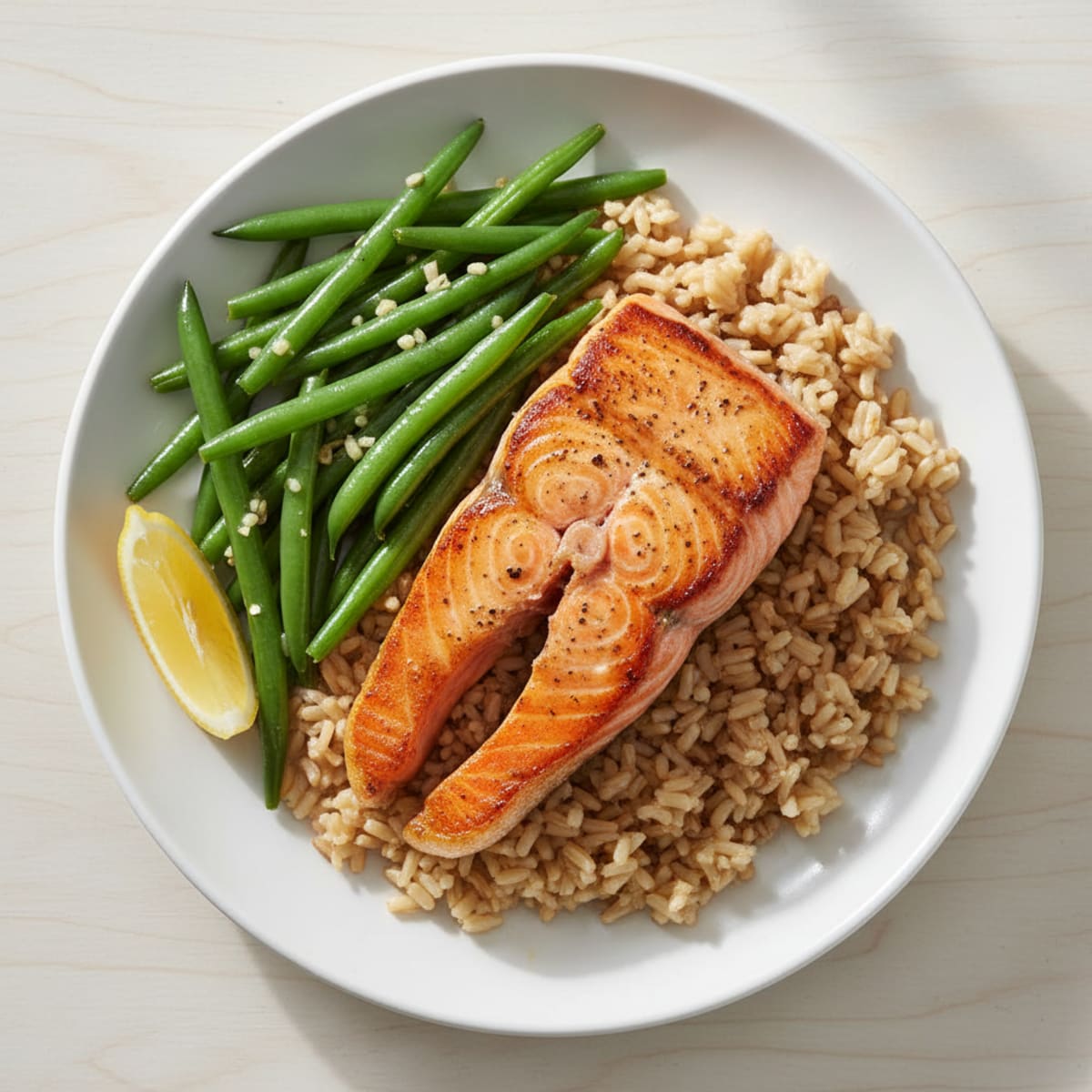 Seared Salmon Fillet with Garlic Green Beans and Brown Rice