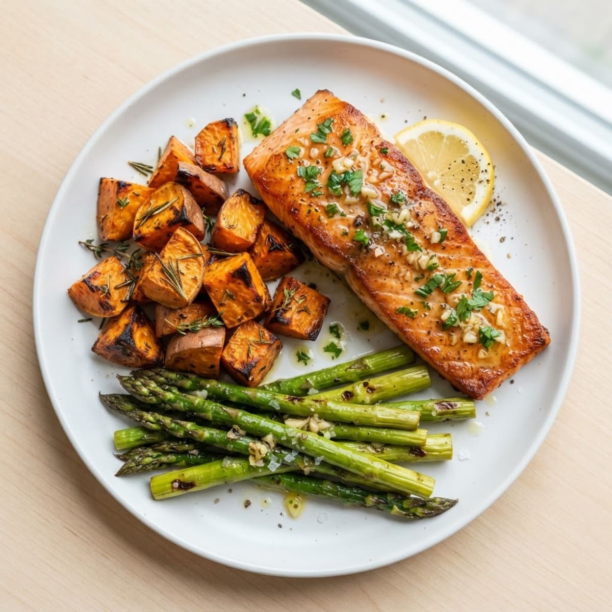 Lemon Garlic Pan Seared Salmon with Roasted Sweet Potatoes