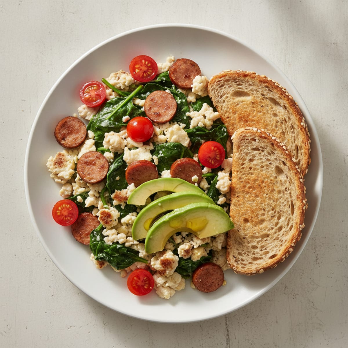 Egg White Scramble with Turkey Sausage and Spinach