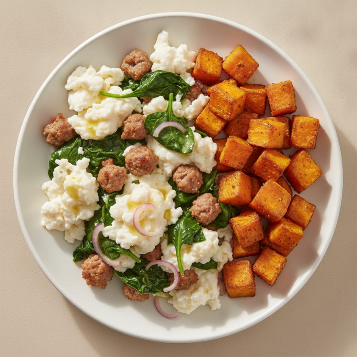 Egg White and Turkey Sausage Scramble with Spinach and Roasted Sweet Potato