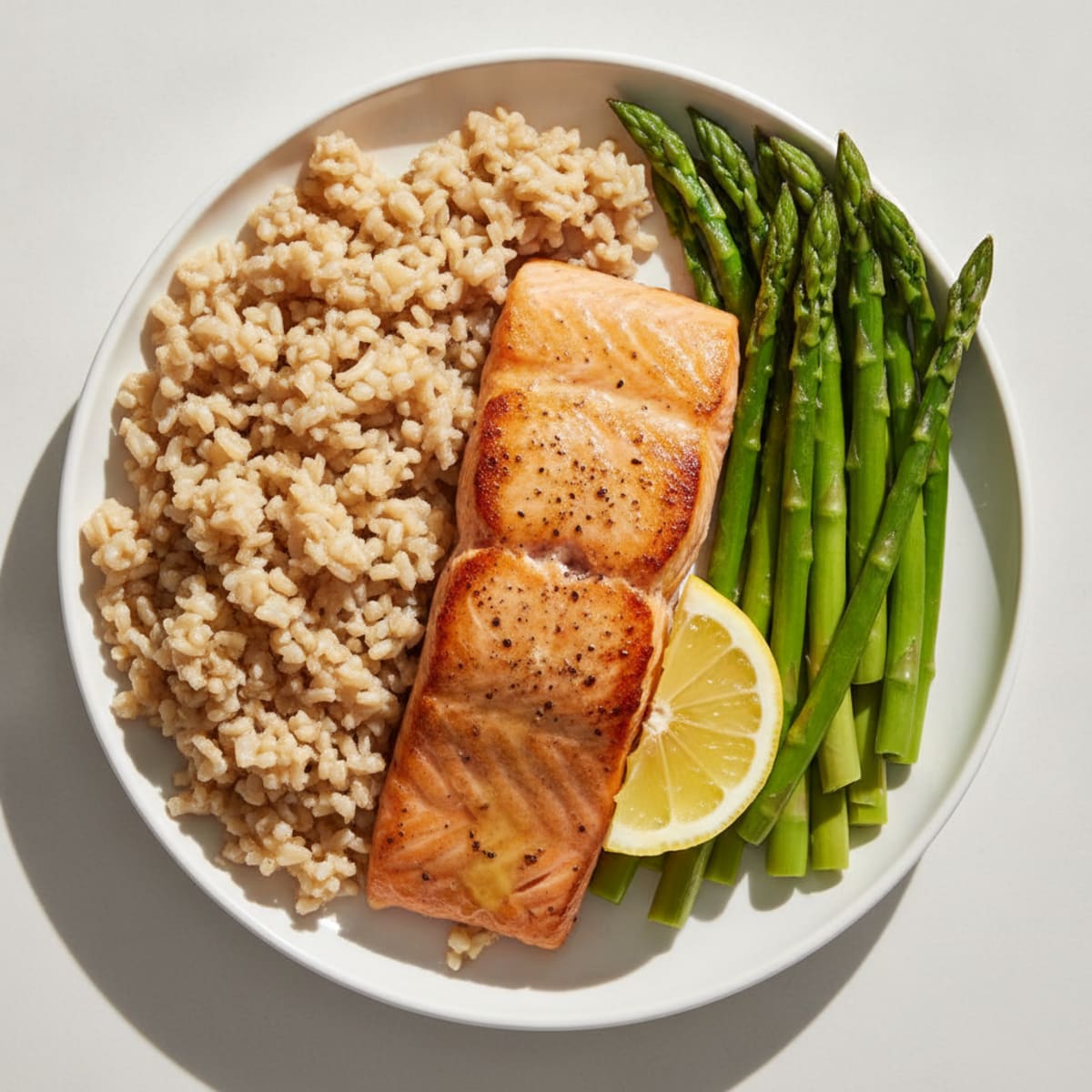 Seared Salmon with Steamed Asparagus and Brown Rice
