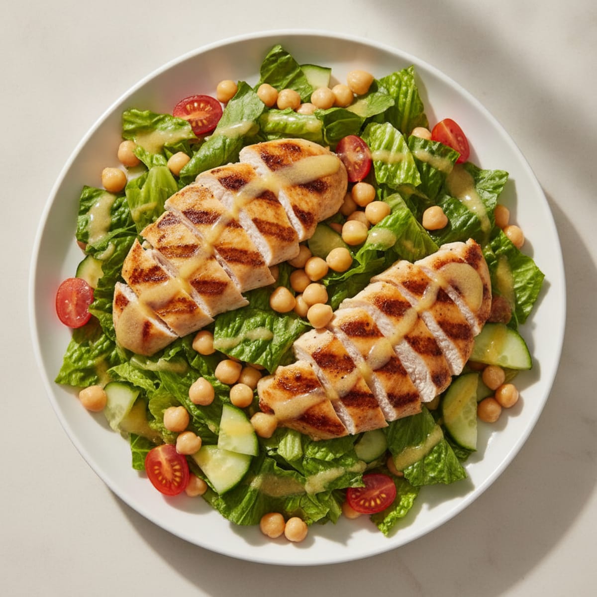Grilled Chicken Breas t Salad with Crunchy Romaine and Chickpeas
