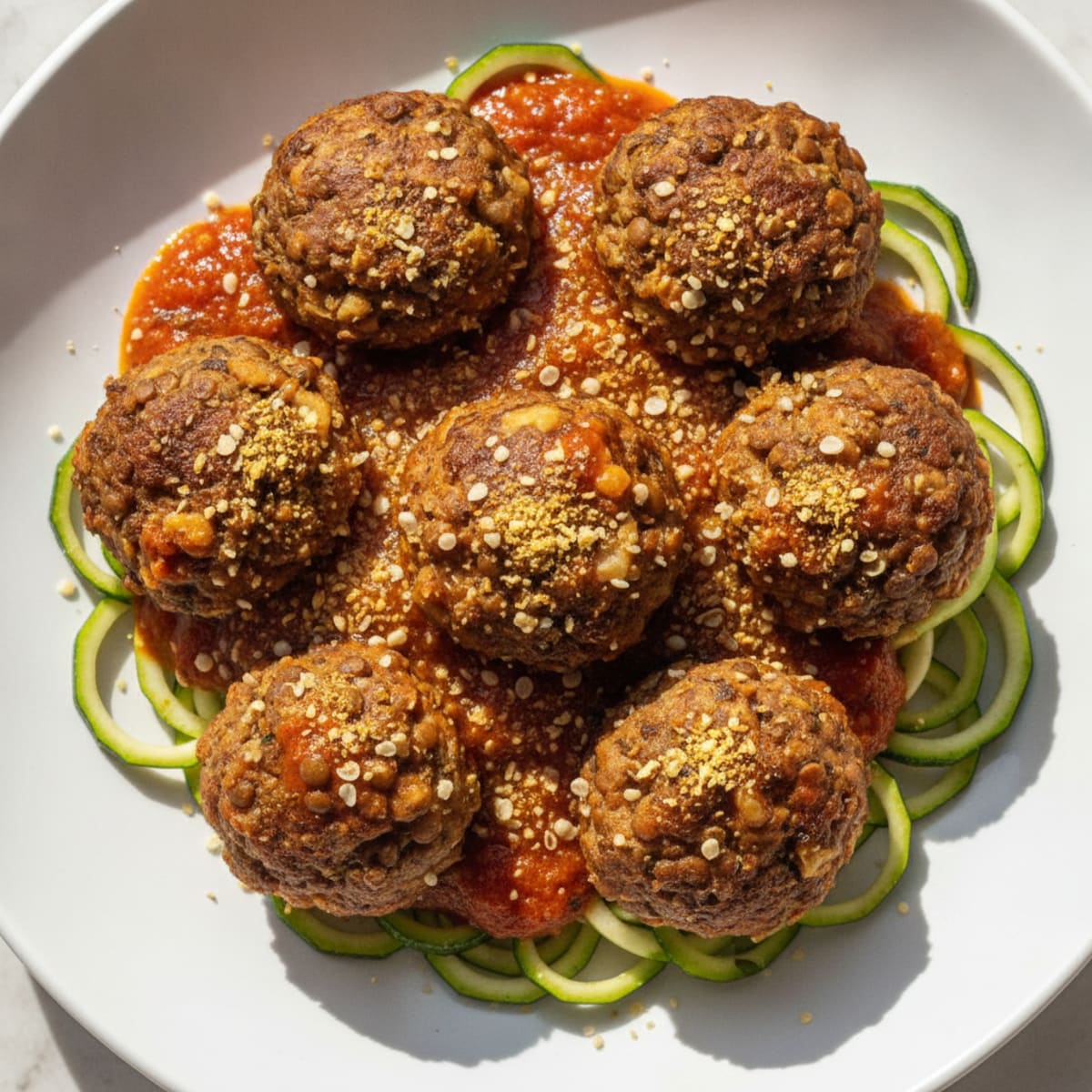 Lentil and Walnut Meatballs with Garlic Herb Tomato Sauce and Zucchini Noodles