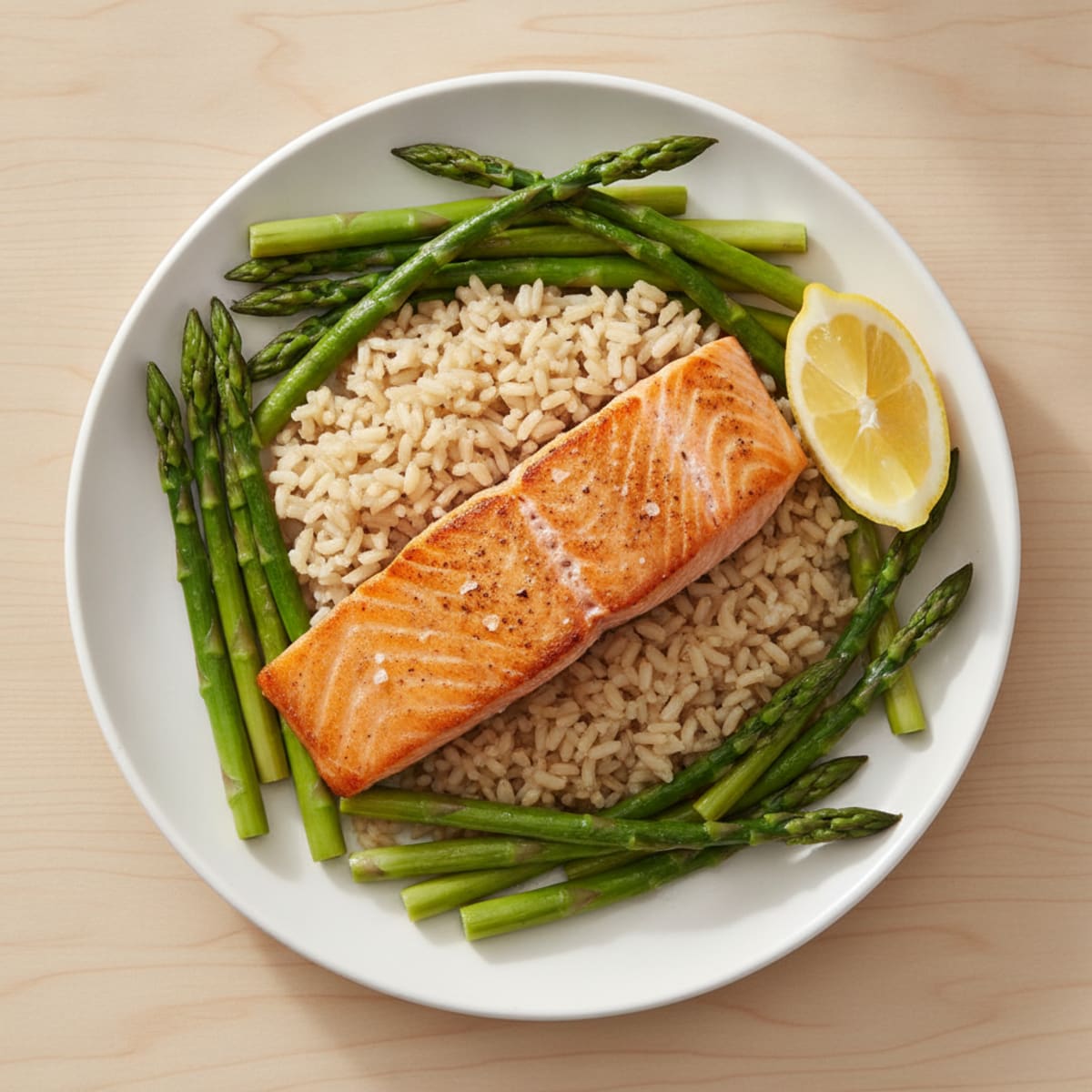 Seared Salmon with Steamed Asparagus and Brown Rice