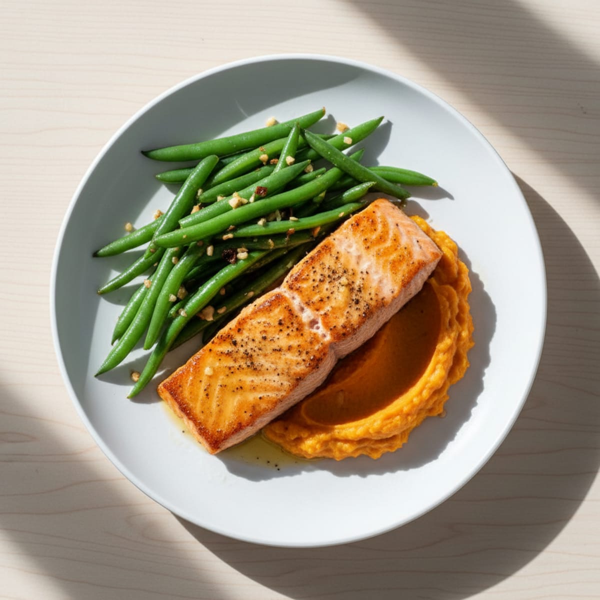 Seared Salmon Fillet with Garlic Green Beans and Sweet Potato Mash