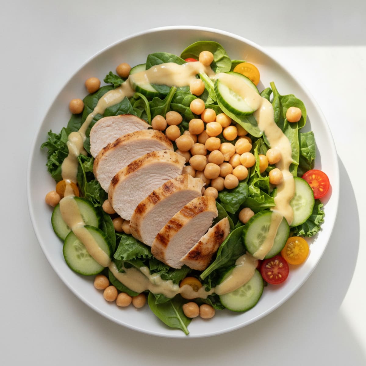 Grilled Turkey Breast Salad with Chickpeas and Lemon Tahini Dressing