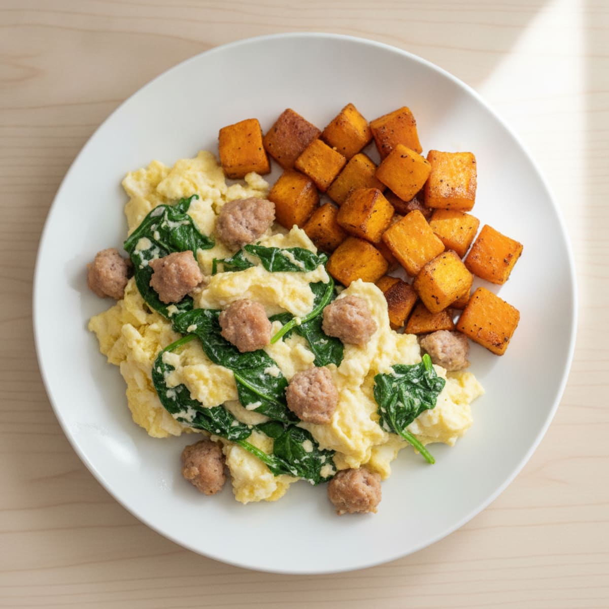 Egg White and Turkey Sausage Scramble with Spinach and Roasted Sweet Potato