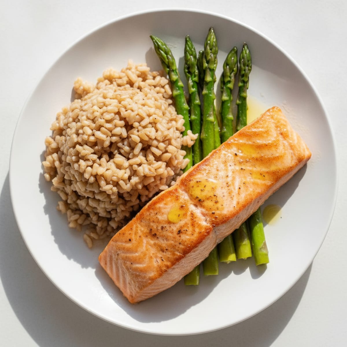 Seared Salmon with Steamed Asparagus and Brown Rice