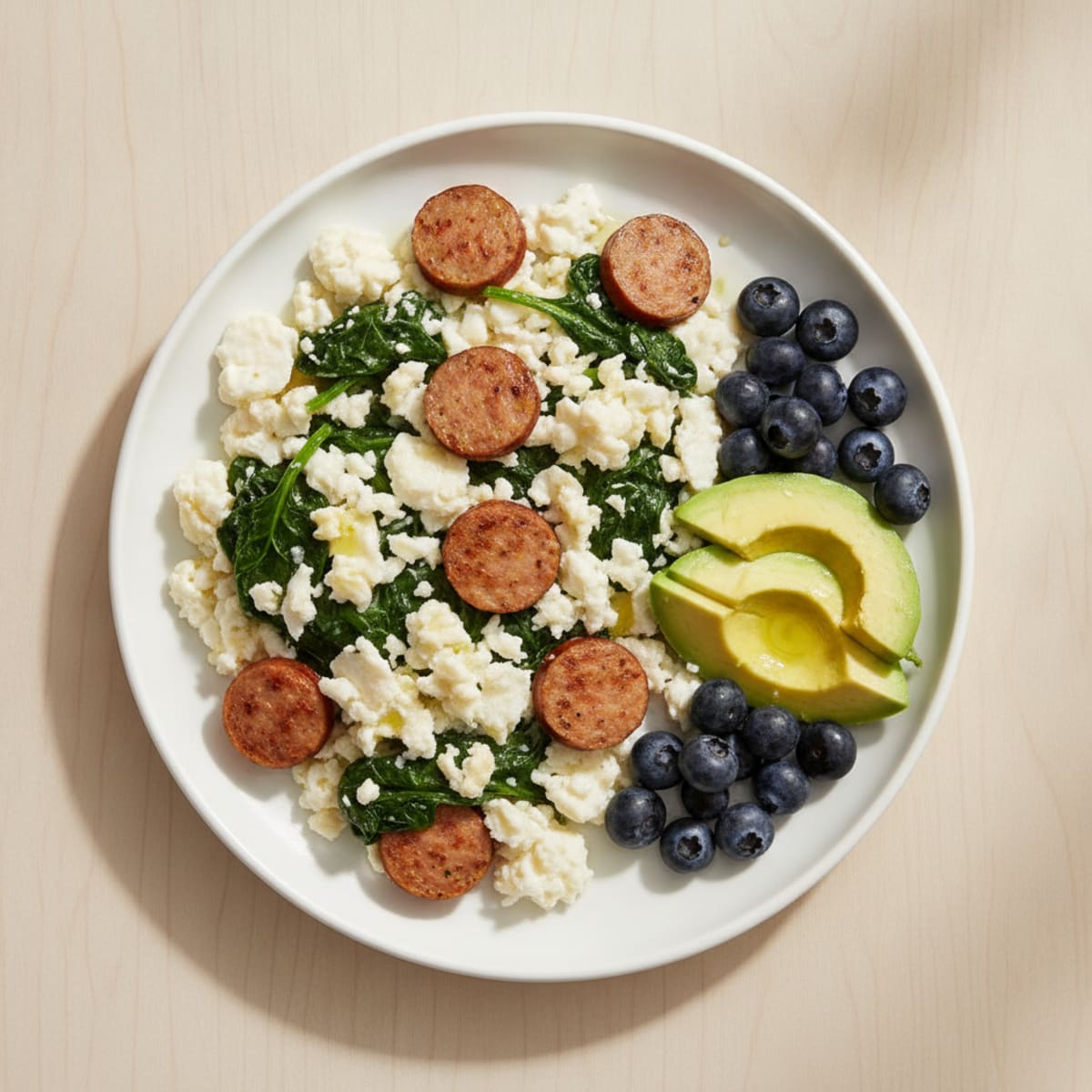 Egg White and Turkey Sausage Scramble with Sautéed Spinach