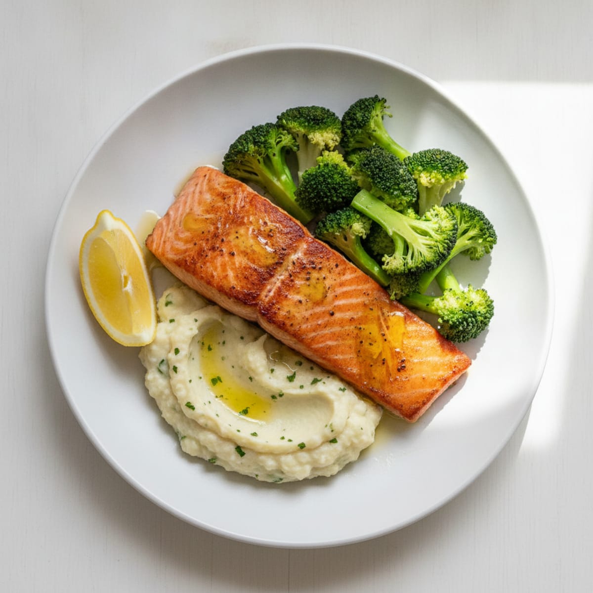 Seared Salmon with Steamed Broccoli and Garlic Mashed Cauliflower