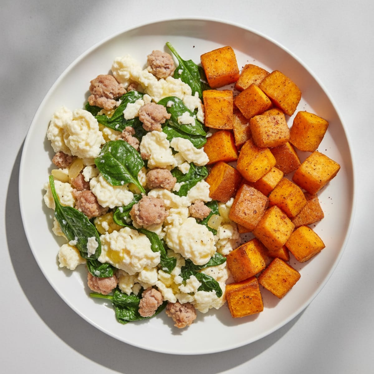 Egg White and Turkey Sausage Scramble with Spinach and Roasted Sweet Potatoes