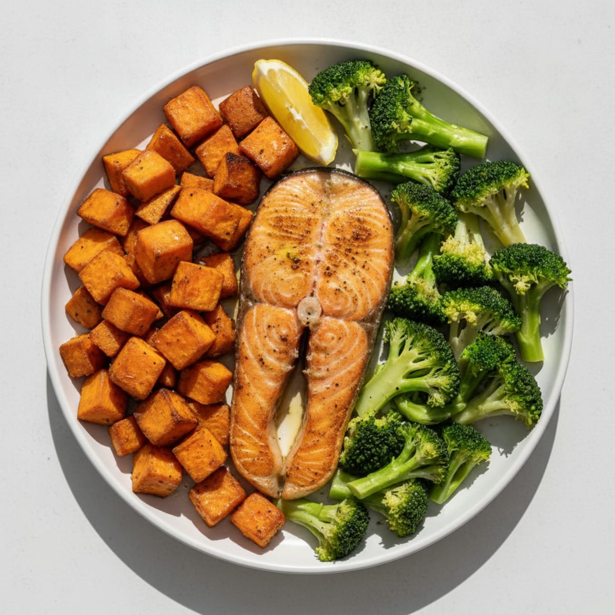 Seared Salmon with Roasted Sweet Potatoes and Steamed Broccoli