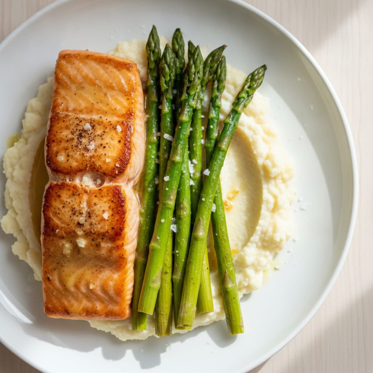 Seared Salmon Fillet with Roasted Asparagus and Cauliflower Mash